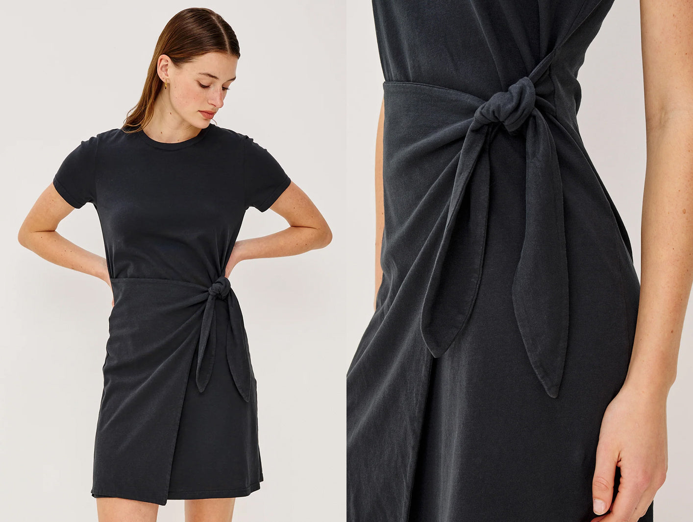 Woman wearing a black dress with a knot detail on a white background.