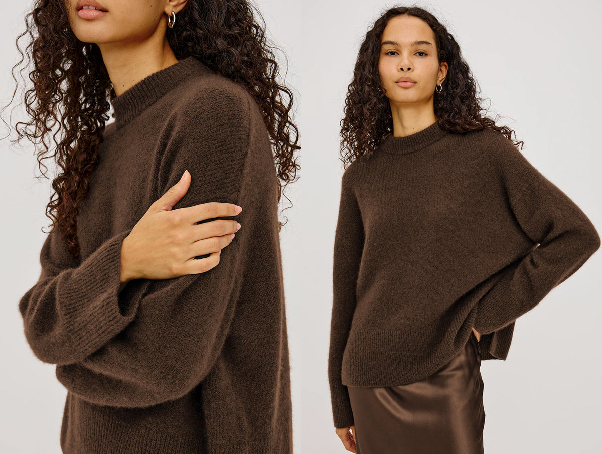A model wearing a dark brown knit sweater, shown in a split view with a close-up on the left and a full-body view on the right against a light gray background.