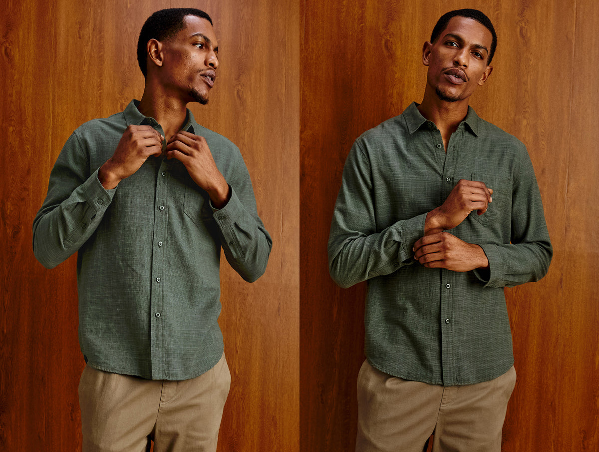 A man modeling a long-sleeve button-up shirt in a muted sage green color, shown in a split-screen portrait against a warm wood-paneled background.