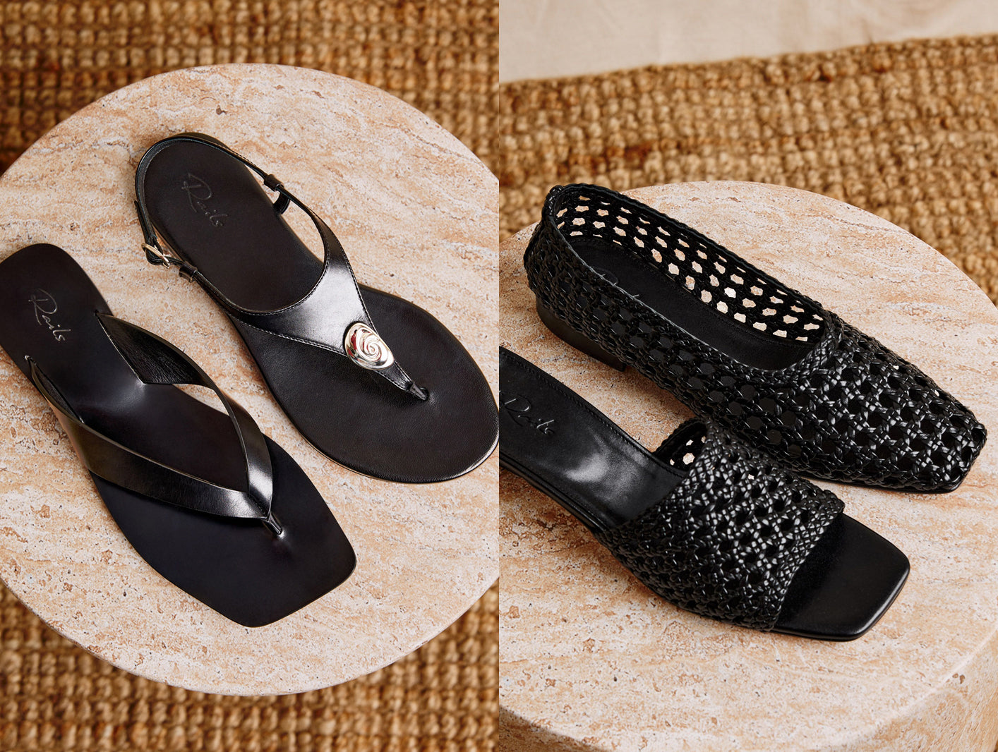 Black shoes with decorative elements on a textured surface