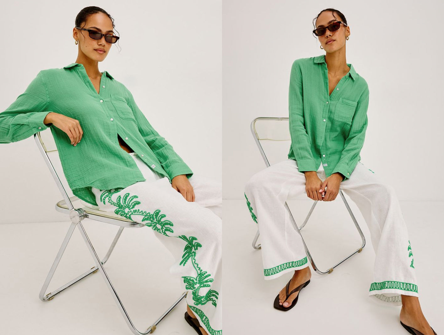 Woman wearing a green shirt and white pants with green patterns, sitting on a chair against a white background.