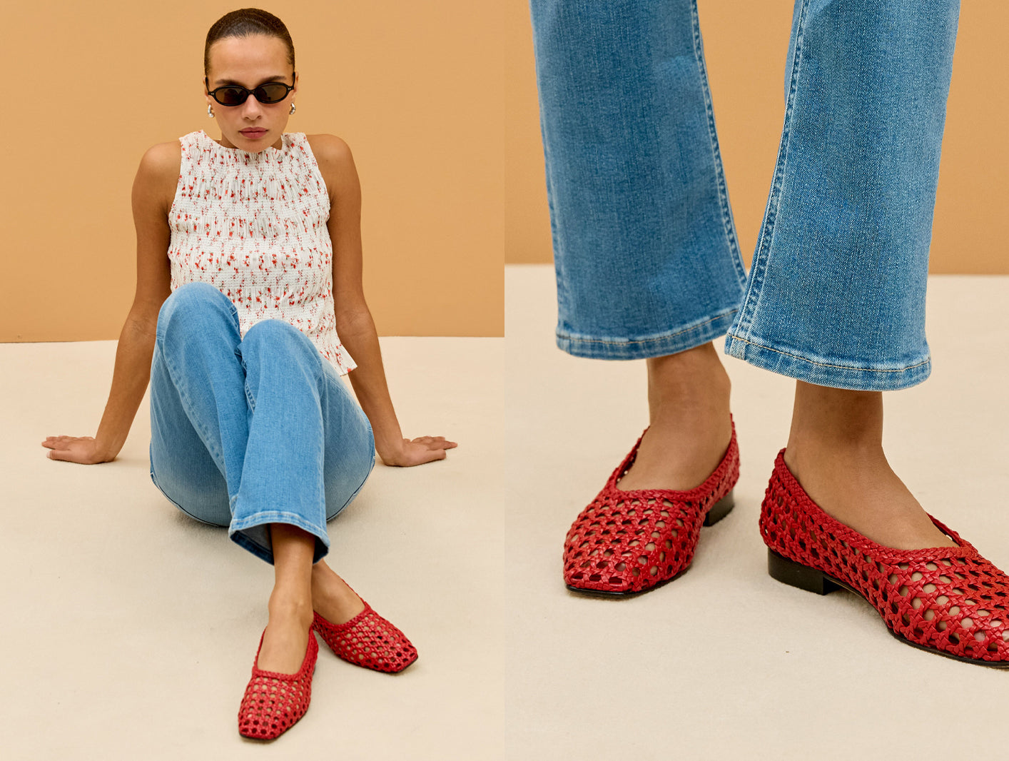 Woman wearing red woven flats with a beige background