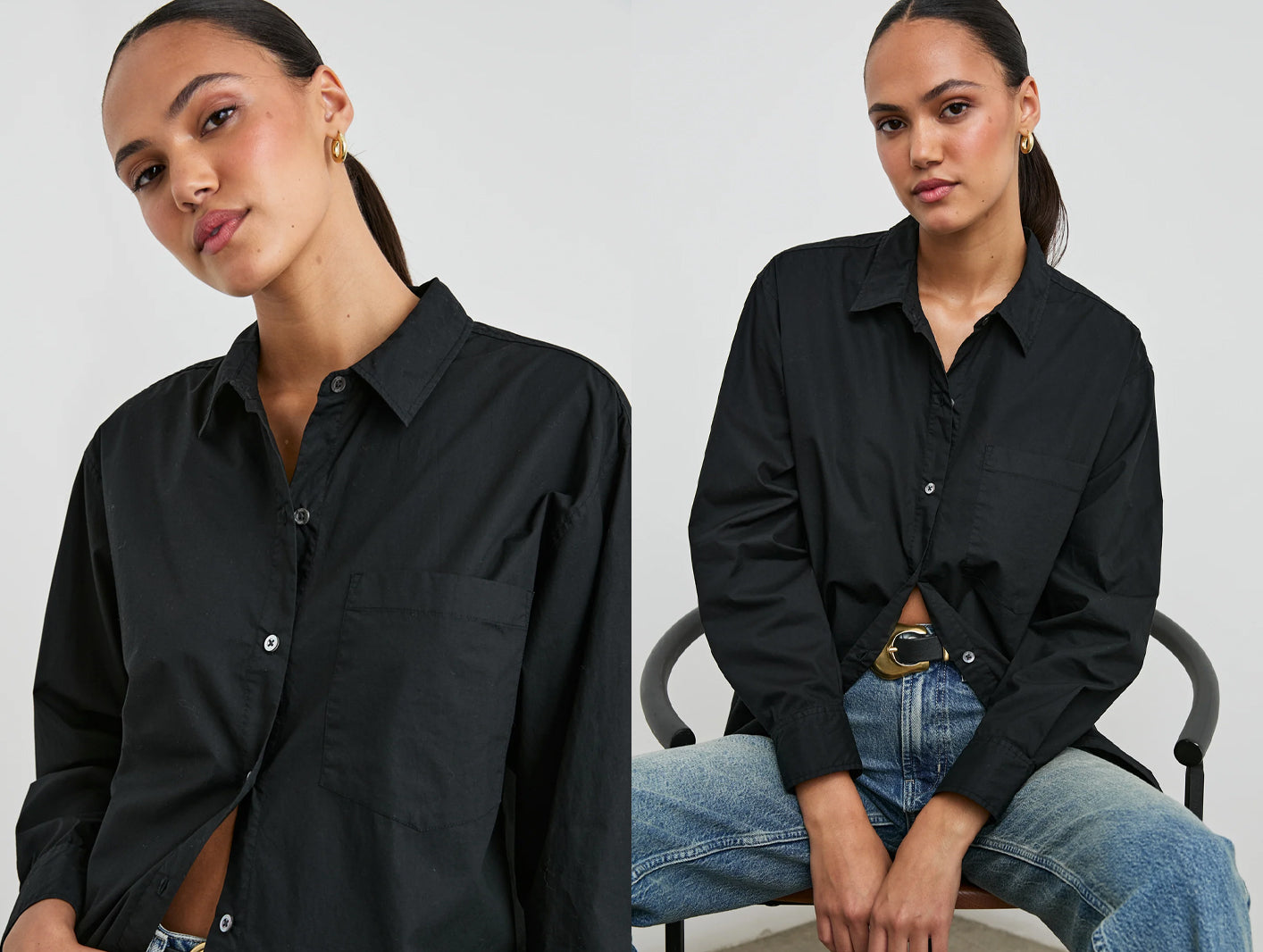 Woman wearing a black button down shirt with a plain background
