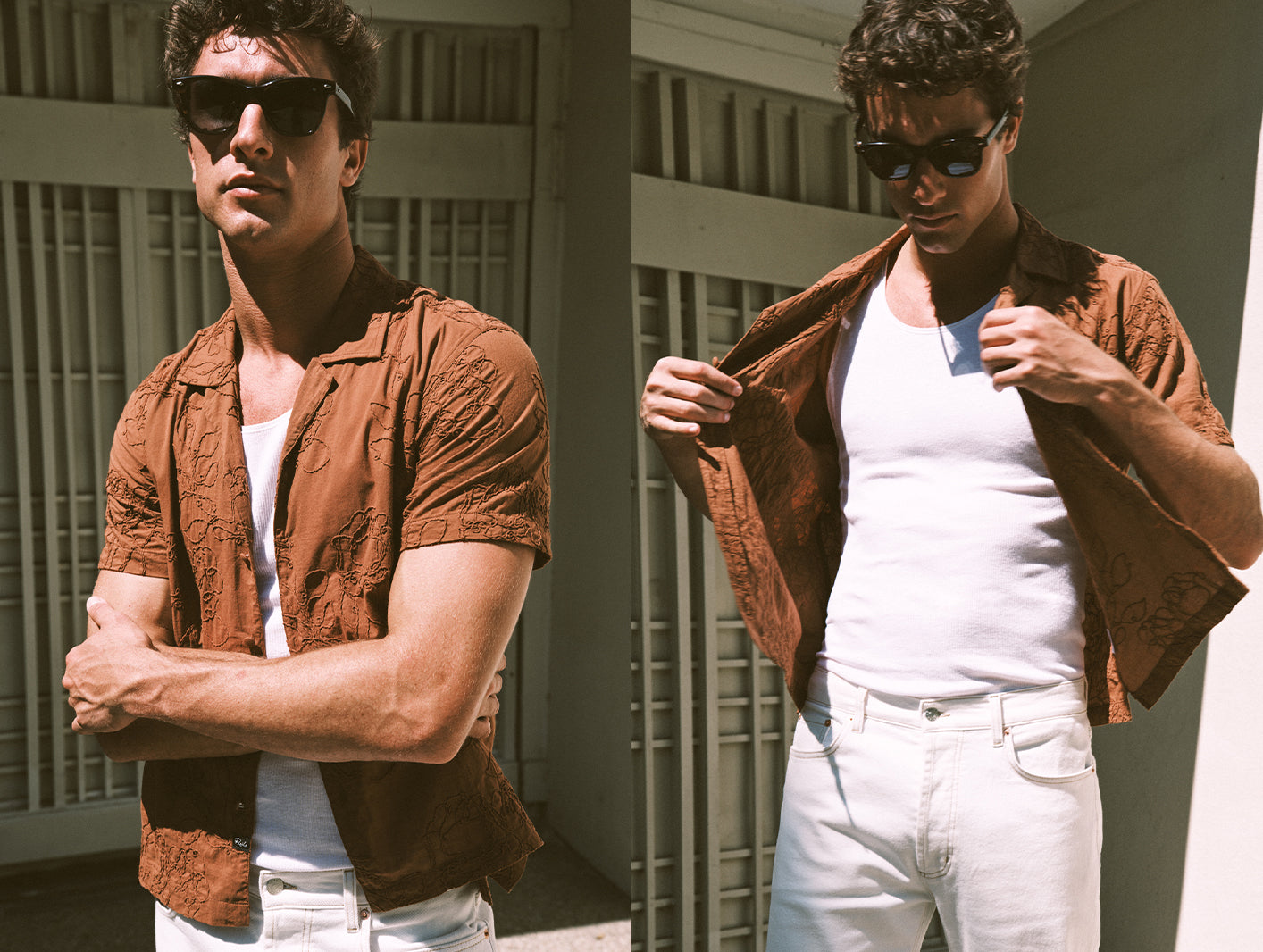 Man wearing a brown shirt with white tank underneath and white pants