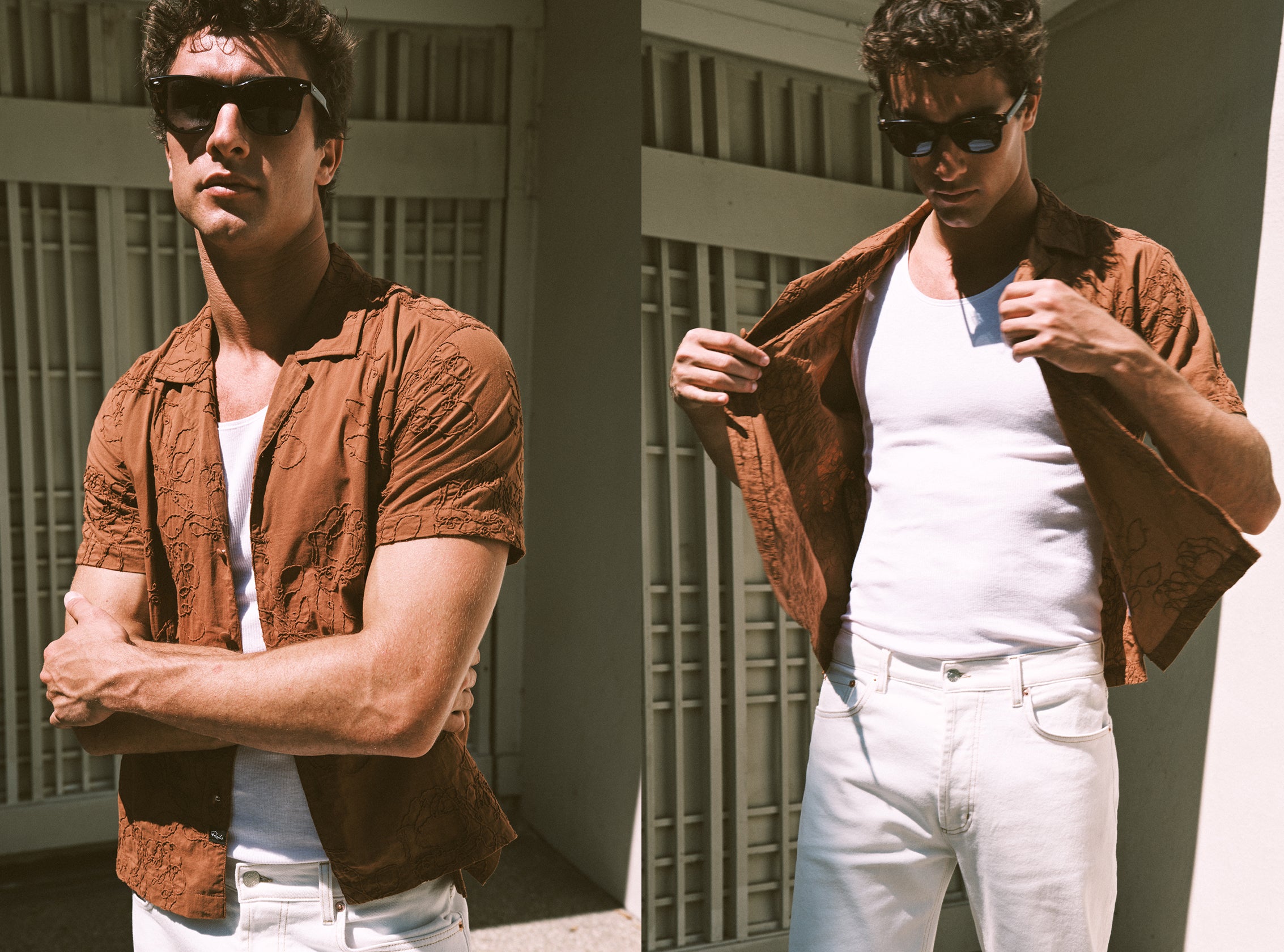 Man wearing a brown shirt with white tank underneath and white pants
