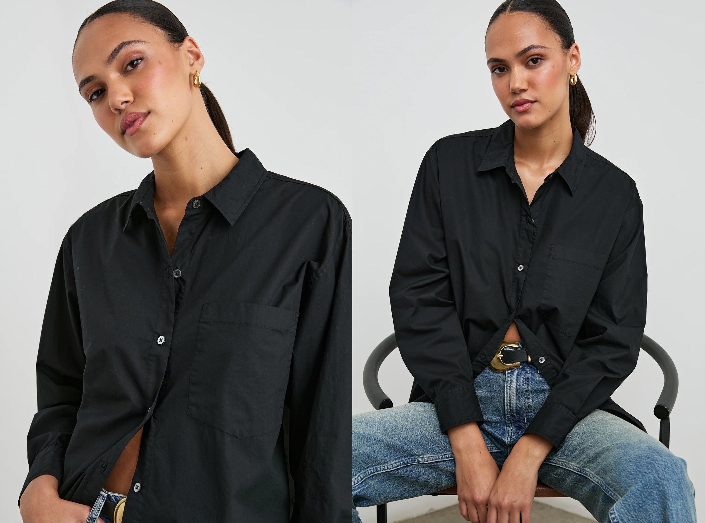 Woman wearing a black button down shirt with a plain background