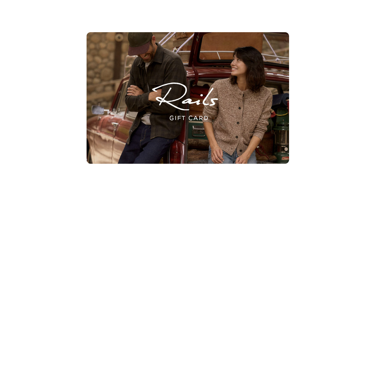 Gift card with a couple standing next to a vintage car, featuring the 'Rails' brand.