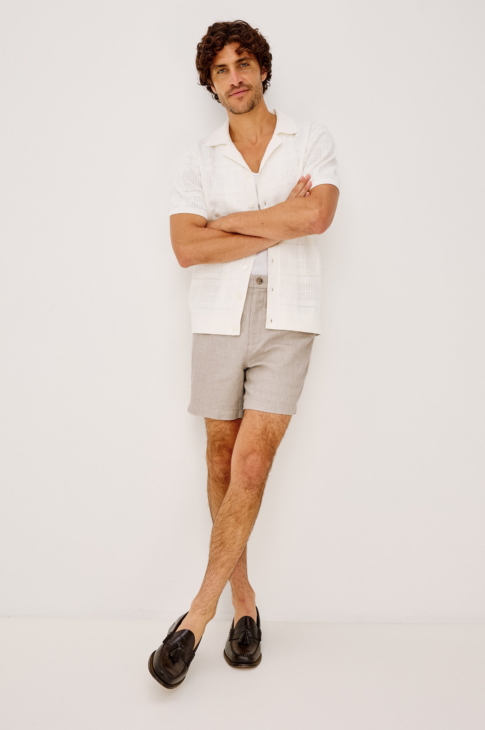 Yates Camp Shirt in Jacquard Knit With Open Collar, Short Sleeves, Front Buttons, and Relaxed Fit in White Colorway - Full Body Front View Featured on Model