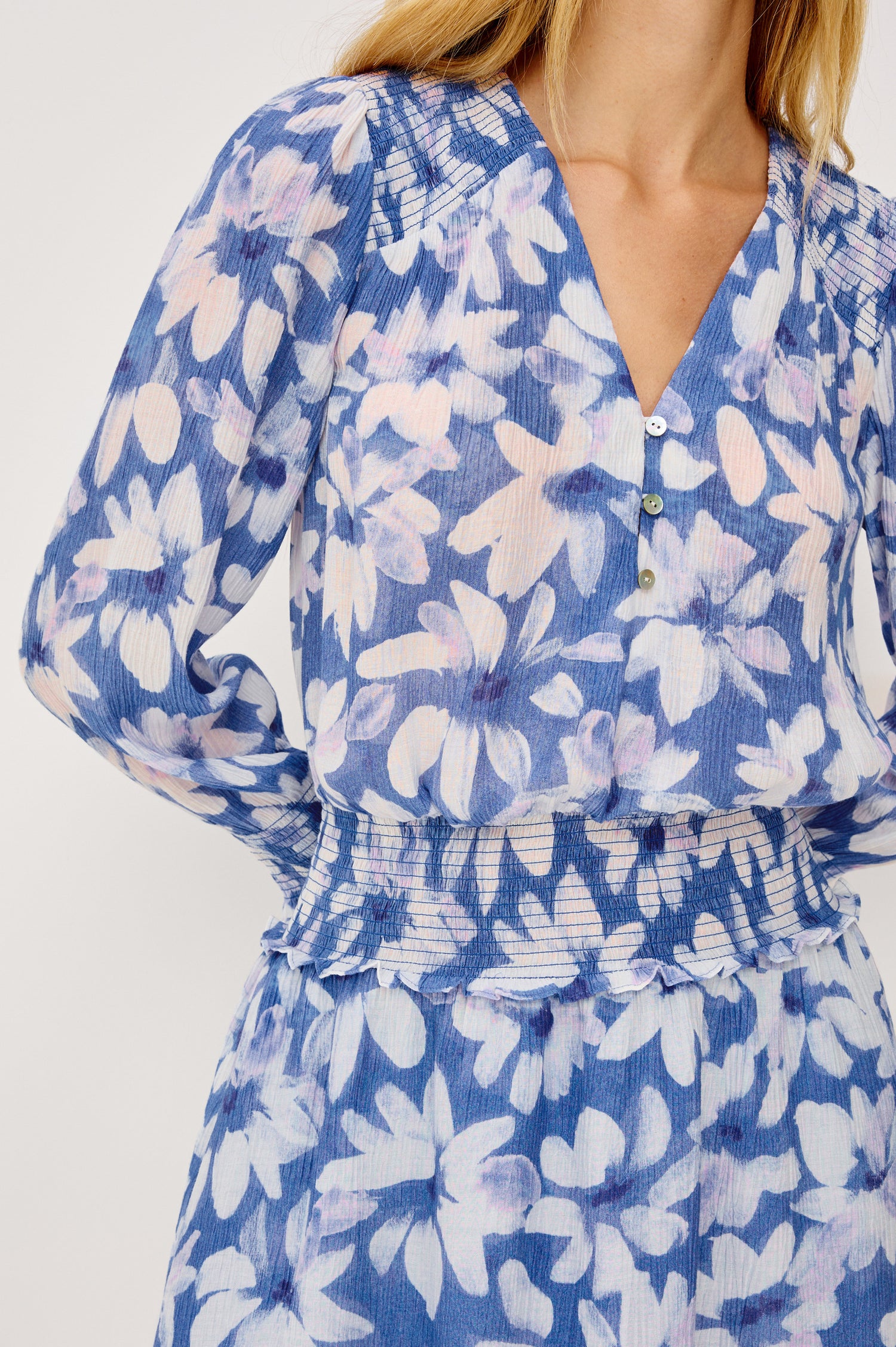 Zana Mini Dress in Chiffon With Long Billowing Sleeves Flowing Silhouette, Lined Skirt, Front Button-and-Loop Closures, and Smocked Detailing in Blue Amaranth Colorway - Upper Body Front View Featured on Model