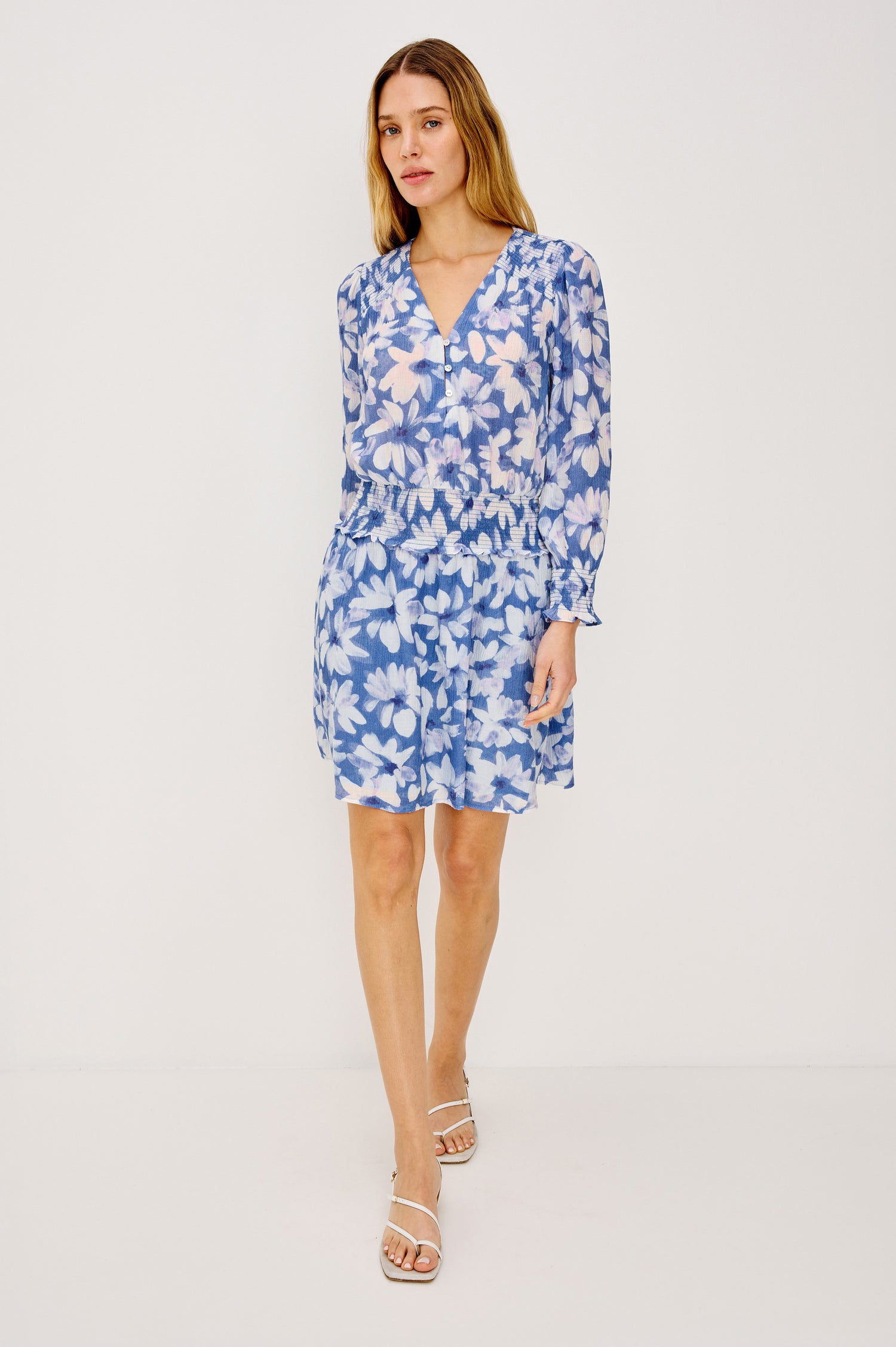 Zana Mini Dress in Chiffon With Long Billowing Sleeves Flowing Silhouette, Lined Skirt, Front Button-and-Loop Closures, and Smocked Detailing in Blue Amaranth Colorway - Full Body Front View Featured on Model