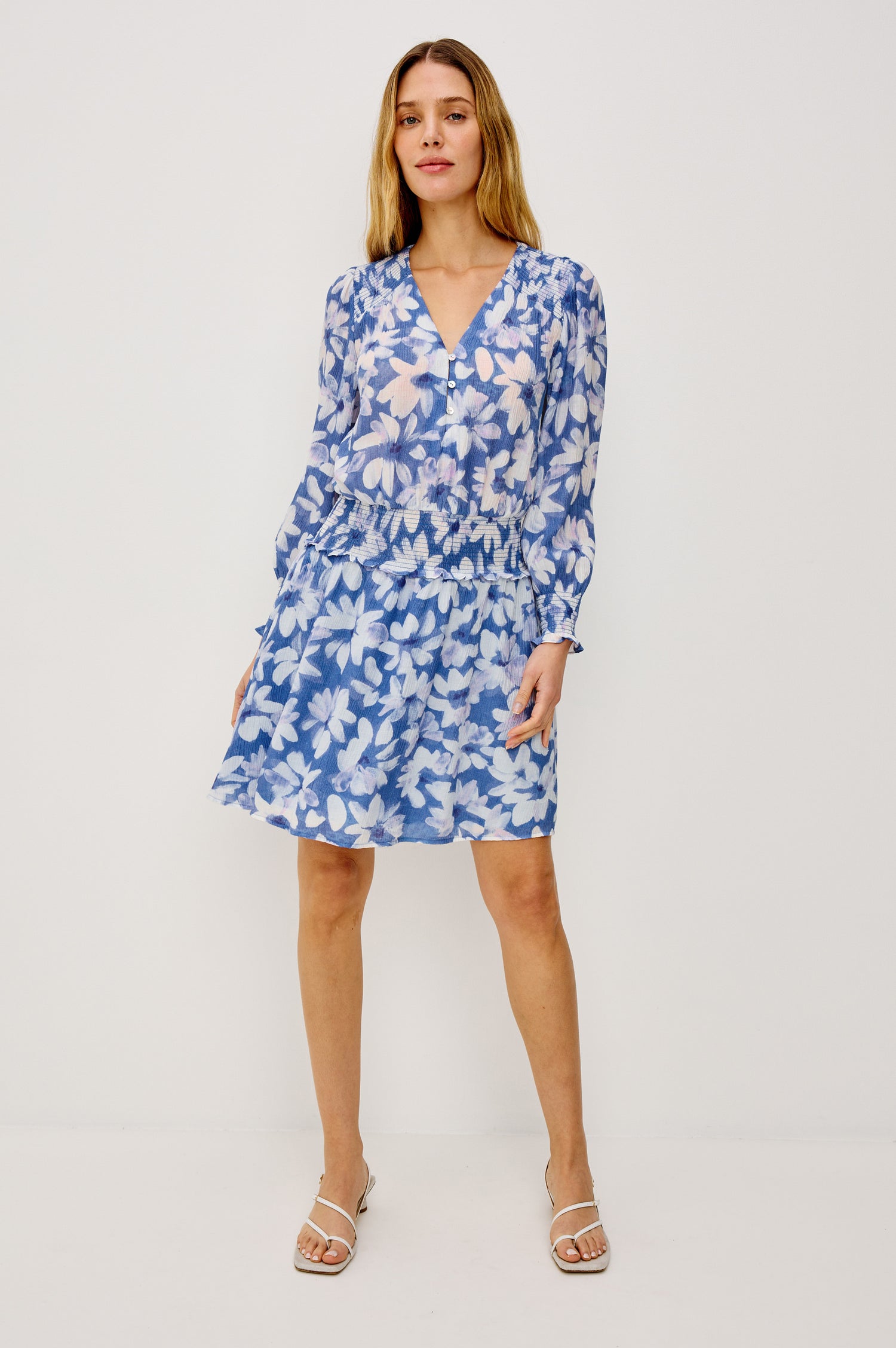 Zana Mini Dress in Chiffon With Long Billowing Sleeves Flowing Silhouette, Lined Skirt, Front Button-and-Loop Closures, and Smocked Detailing in Blue Amaranth Colorway - Full Body Front View Featured on Model