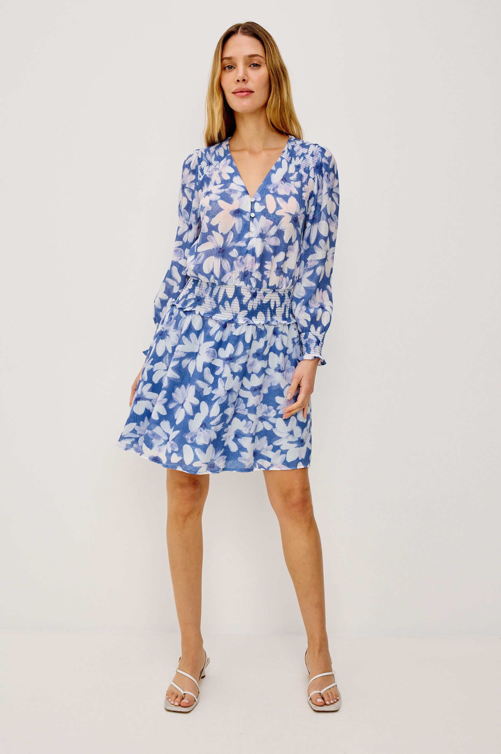 Zana Mini Dress in Chiffon With Long Billowing Sleeves Flowing Silhouette, Lined Skirt, Front Button-and-Loop Closures, and Smocked Detailing in Blue Amaranth Colorway - Full Body Front View Featured on Model