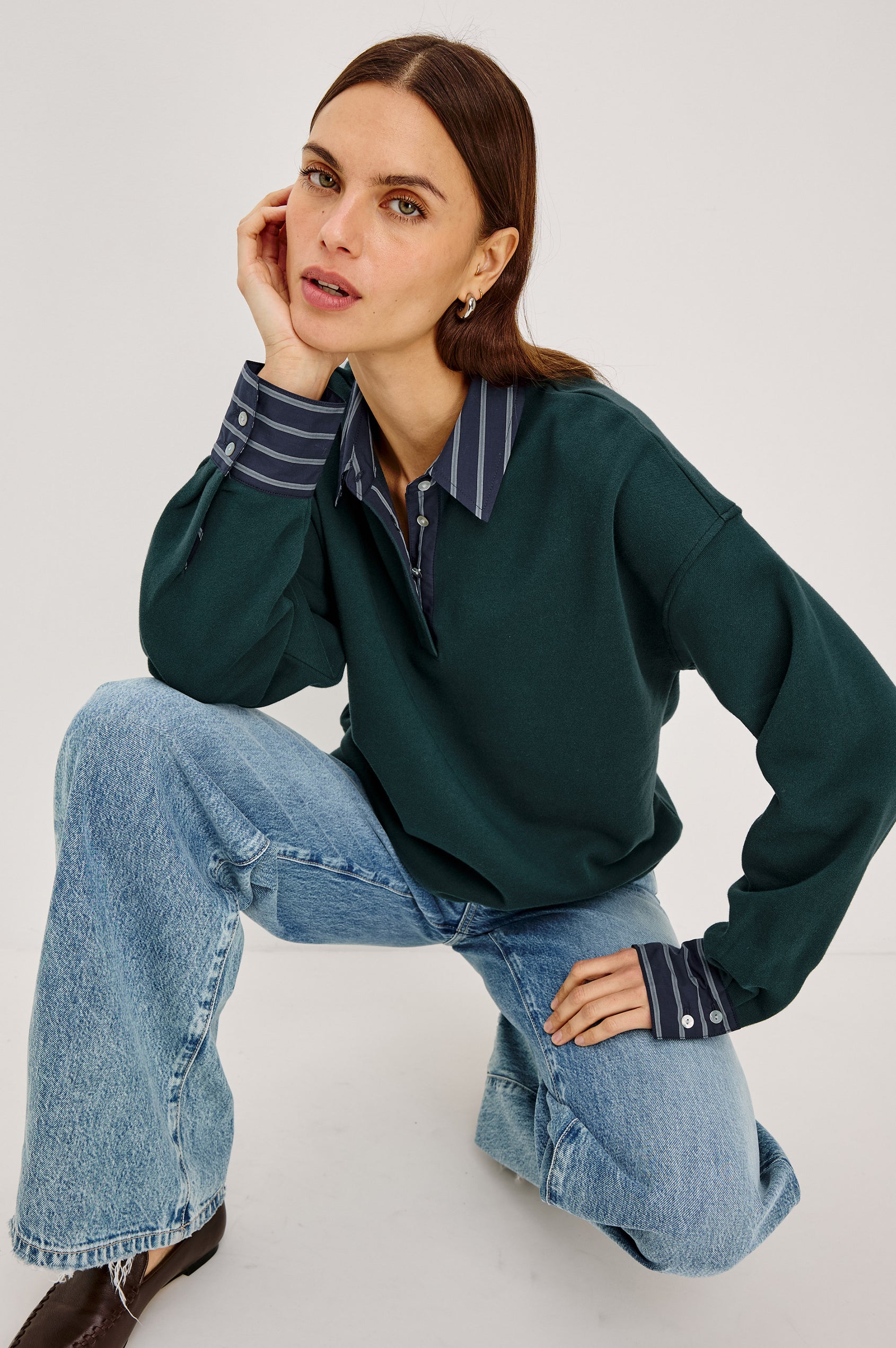 Zavier Sweatershirt in French Terry in Relaxed Slightly Cropped Fit, Contrast Poplin Collar and Cuffs, Quarter-Button Placket, and Ribbed Hem in Forest Colorway - Full Body View Featured on Model