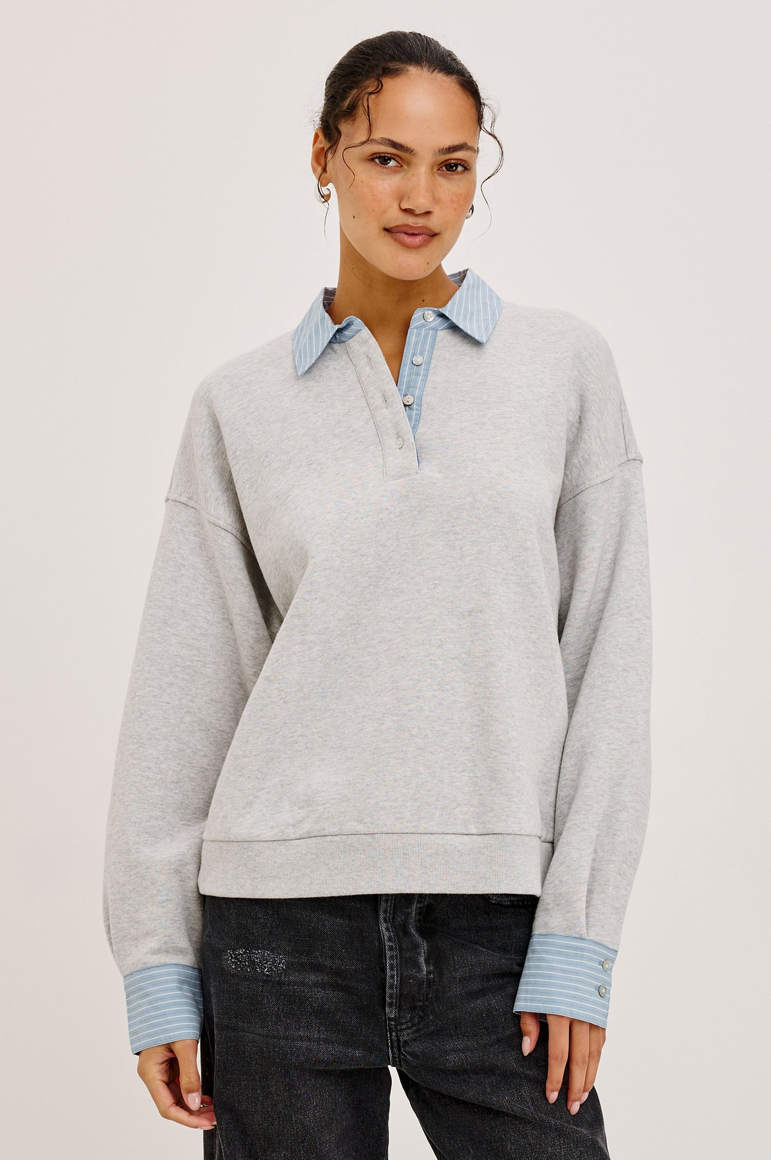 Zavier Sweatershirt in French Terry in Relaxed Slightly Cropped Fit, Contrast Poplin Collar and Cuffs, Quarter-Button Placket, and Ribbed Hem in Heather Grey Colorway - Upper Body Front View Featured on Model