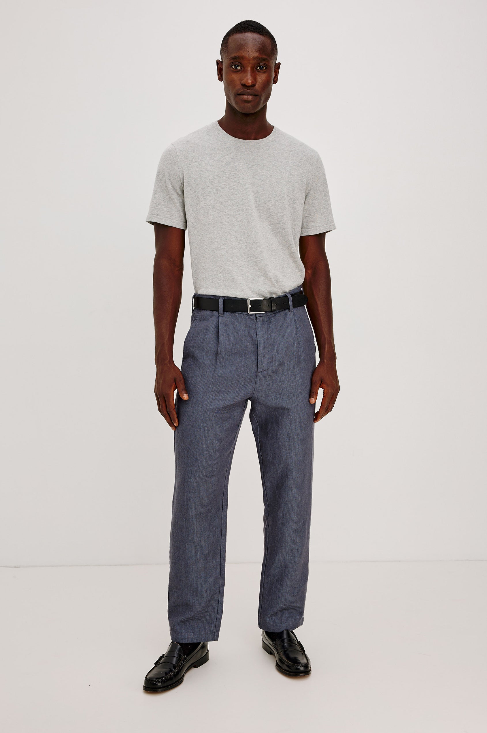 Zimmer Pant in Cotton Linen Wool Blend With Relaxed Fit, Tapered Leg, Side Pockets, Zip Fly, Belt Loops, and Back Welt Pockets in Meridian Colorway - Full Body Front View Featured on Model