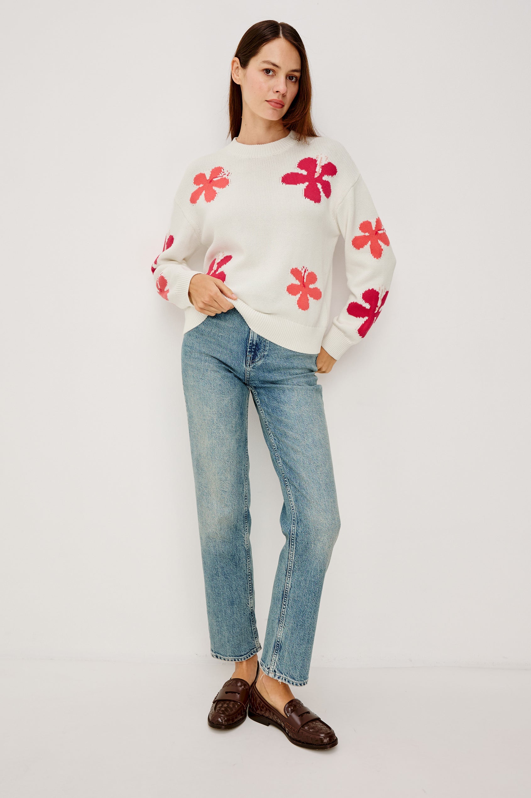 Zoey Crewneck Sweater in Cotton Blend With Floral Motifs, Dropped Shoulders, and Long Sleeves in Kauai Colorway - Full Body Front View Featured on Model