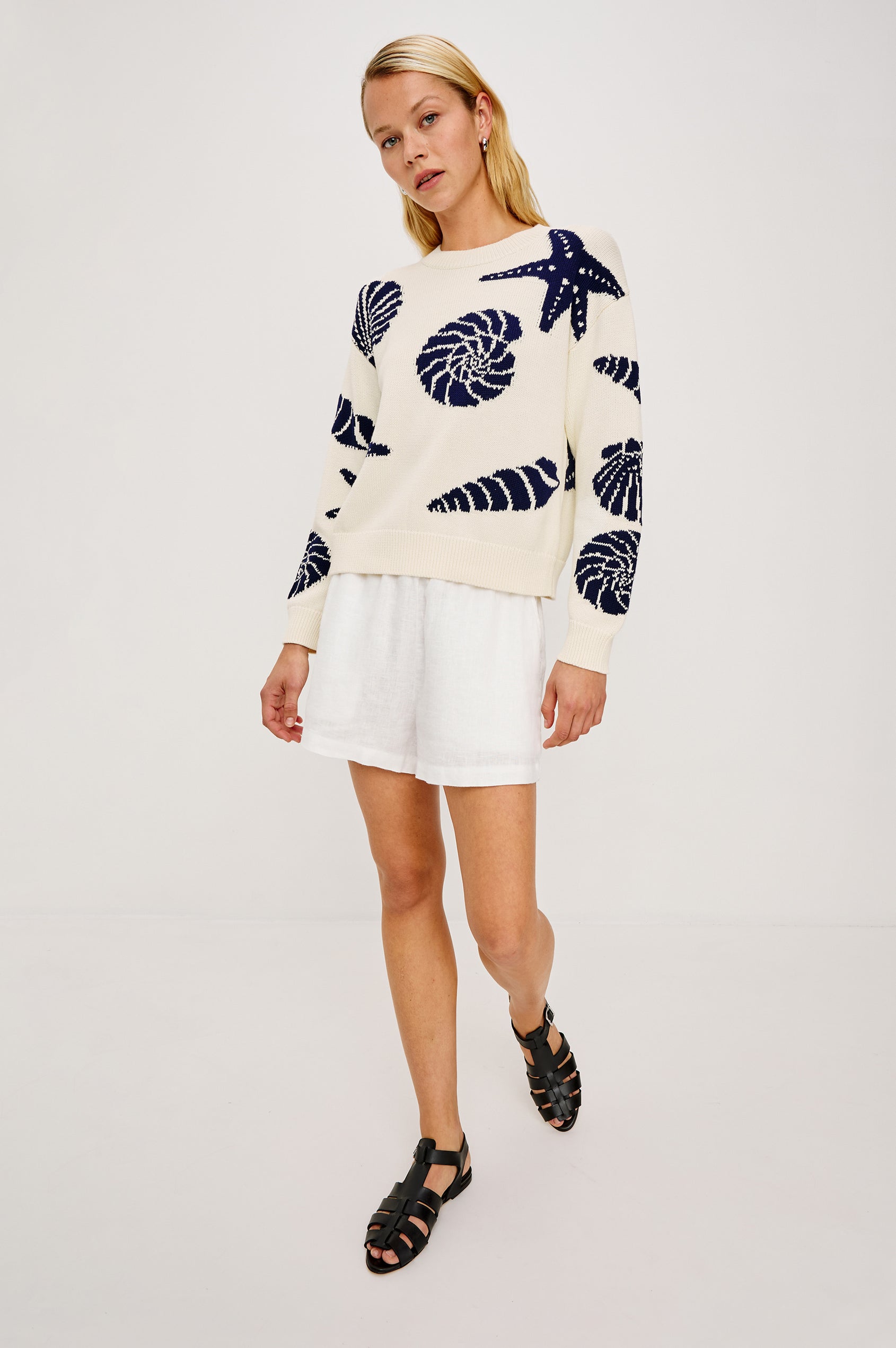 Zoey Crewneck Sweater in Cotton Blend Knit With Seashell Embroidery, Long Sleeves, Relaxed Fit, and Ribbed Trim - Full Body Front View Featured on Model
