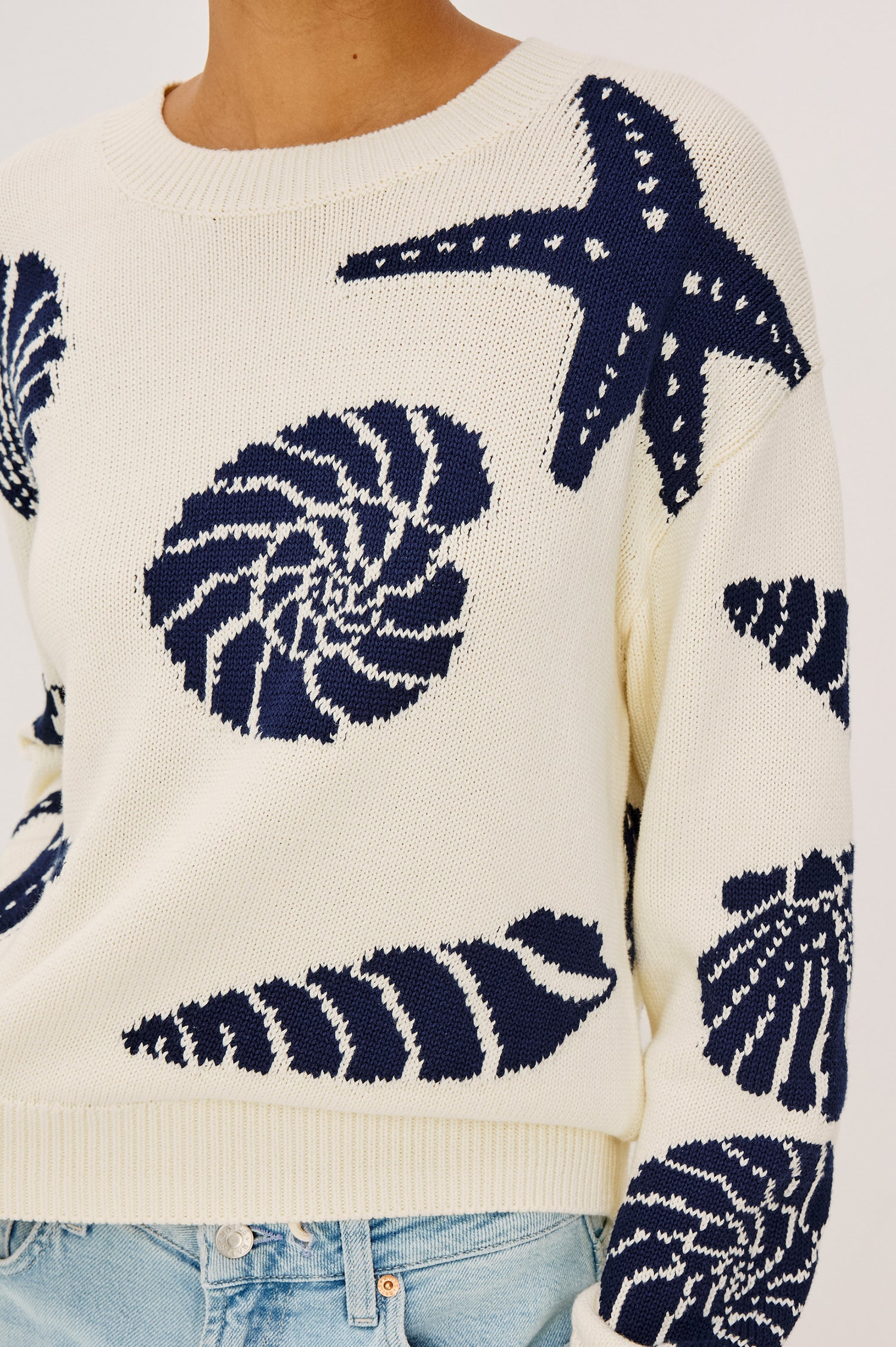 Zoey Crewneck Sweater in Cotton Blend Knit With Seashell Embroidery Long Sleeves Relaxed Fit and Ribbed Trim - Upper Body Front View Featured on Model