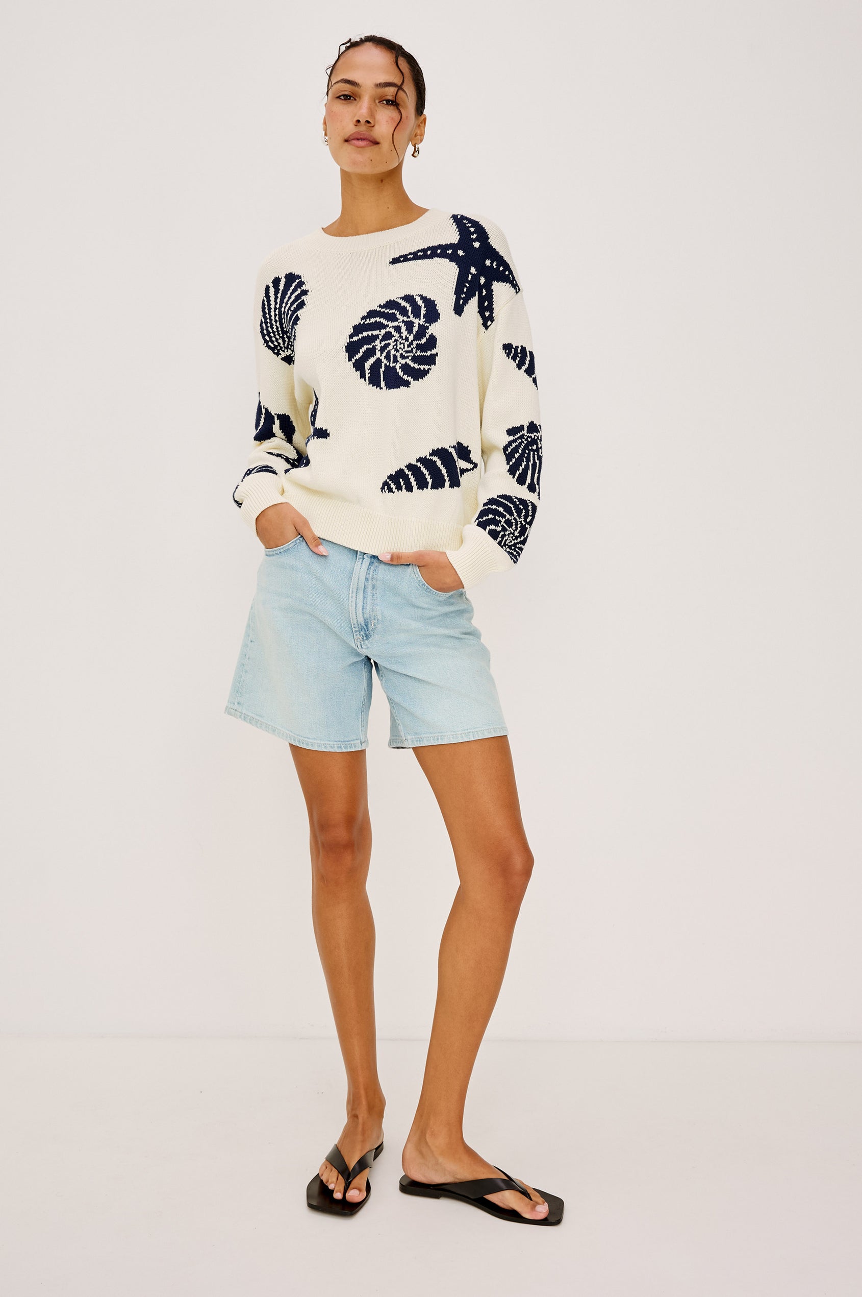 Zoey Crewneck Sweater in Cotton Blend Knit With Seashell Embroidery Long Sleeves Relaxed Fit and Ribbed Trim - Full Body Front View Featured on Model