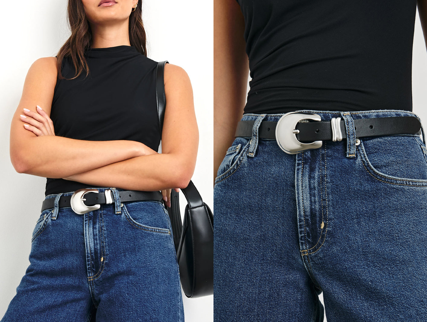 FEMALE MODEL WEARING RODEO BELT (LEATHER BELT WITH LARGE METAL BELT BUCKLE) IN COLOR BLACK SILVER (LEATHER IS BLACK AND BELT BUCKLE IS SILVER)