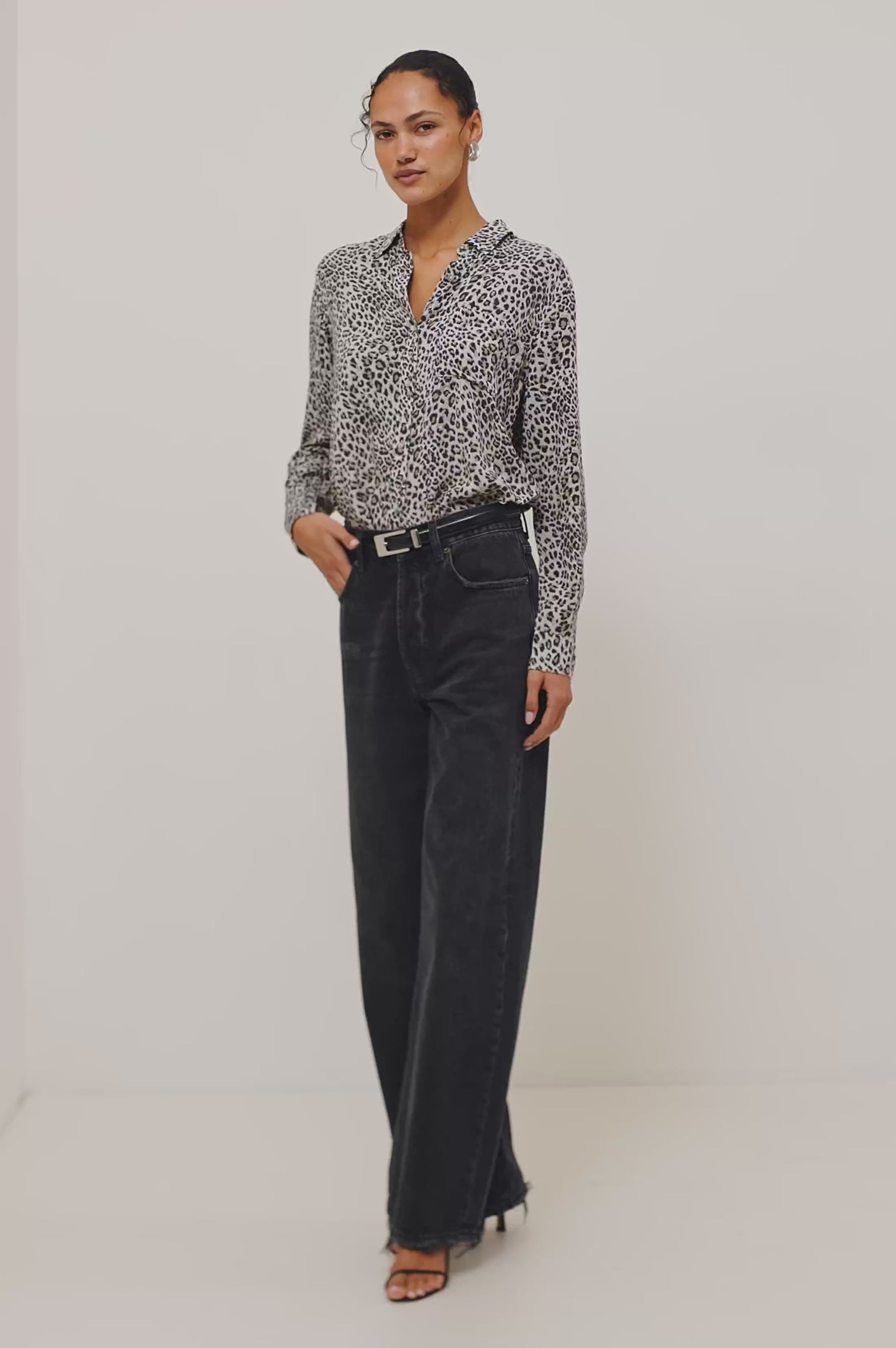Josephine Shirt in Featherweight Rayon With Relaxed Fit, Collar, and Button Front in Ecru Cheetah Colorway - Full Body Front View Featured on Model - Video