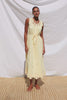 Lorina Midi Dress in Beach Cottton With Lattiice and Floral Embroidery, Sleeveless Cut, and Adjustable Waist Ties in Sunshine Colorway - Full Body Front View Featured on Model - Video