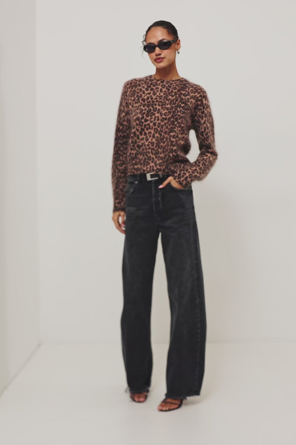 Sofia Sweater in Soft Brushed Wool Blend Knit With Relaxed Fit, Crew Neck, Long Sleeves, and Ribbed Trim in Brown Nala Colorway - Full Body Front View Featured on Model - Video