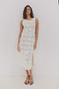 (Video): RAILS X LSPACE Calla white crochet dress featuring an intricate seashell-inspired knit pattern - front full body and detail view on model.