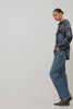 Hunter Shirt Plaid Button-Up With Relaxed Fit, Spread Collar, Chest Pocket, Long Sleeves, and Curved Hem in Indigo Sky Colorway - Front Crop View Featured on Model Moving (Video).
