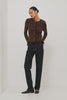 Mandy Sweater in Cashmere-Cotton-Wool Blend Knit Front Buttons, Long Sleeves, Classic Slightly Cropped Fit, and Ribbed Ruffle Trim in Chocolate Colorway - Full Body View Featured on Model Moving (Video).