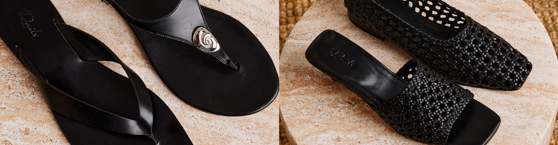 Black shoes with decorative elements on a textured surface